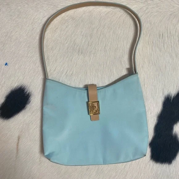 Lauren Ralph Lauren Turquoise Nylon Tan Leather Shoulder Handbag - Picture 2 of 9